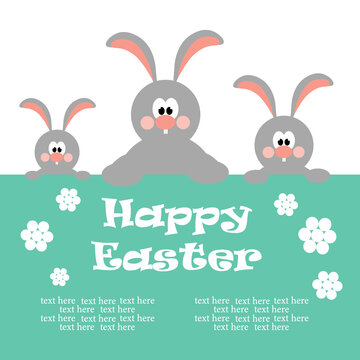Vector illustration with cute Easter bunnies. Invitation card.