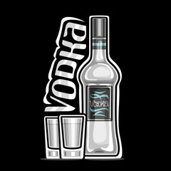 Vector logo for Vodka, outline illustration of white bottle with decorative label and 2 full shot glasses with chilled vodka, square placard with unique design lettering for grey word vodka on dark.
