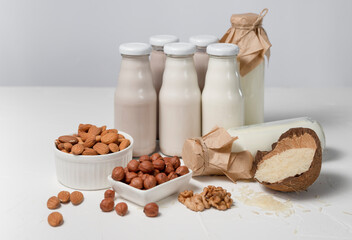 a variety of lactose-free milk from nuts and grains in glass bottles. light vegan concept with a milk drink made from hazelnuts, oats, coconut, almonds, walnuts, rice