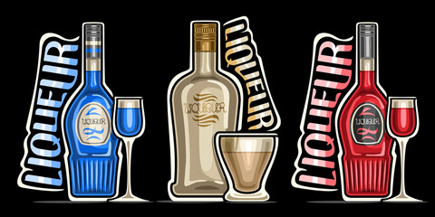 Vector set of Liqueurs, 3 outline illustrations of colorful bottles with decorative labels and full glasses of various sweet liqueurs, different unique lettering for words liqueur on dark background.