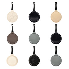 Nine different round pans for cooking, kitchen utensils, dishes. Top view isolated on white background.