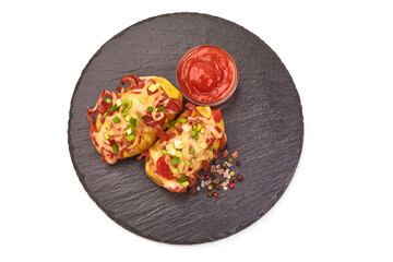 Baked loaded potatoes with cheese, isolated on white background