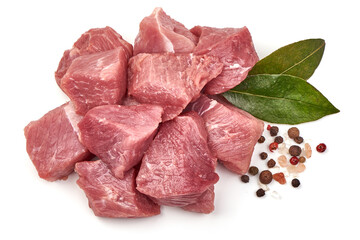 Raw pork pieces, ingredients for goulash, isolated on white background