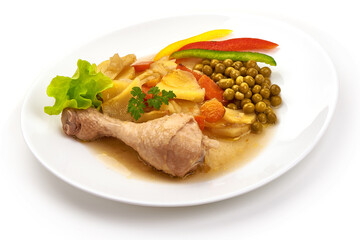 Stewed chicken with vegetables, isolated on white background