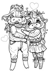 Cartoon characters, couple in love, kind bull in a sweater and scarf, with long ears and small horns and pretty cow with long pigtail in a blouse and skirt with strap, in polka-dot tights and socks.