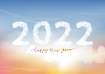 Naklejka na ściany i meble Happy new year, fluffy 2022 clouds on colorful sky,Vector calendar,Typography text 2022 font on Horizon Spring sky scape in pink, orange and yellow colour,Banner design for New Year year or Christmas 
