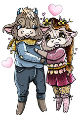Cartoon characters, couple in love, kind bull in a sweater and scarf, with long ears and small horns and pretty cow with long pigtail in a blouse and skirt with strap, in polka-dot tights and socks.