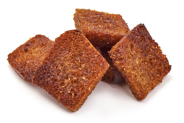 Rye bread croutons with garlic, isolated on white background