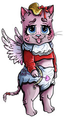 Fototapeta na wymiar Cartoon character, funny kitten Cupid with big eyes, fluffy eyelashes and angel wings, in diaper, with bow-knot, with protruding tongue and plump cheeks - hearts, with small bow and arrow in a paw.