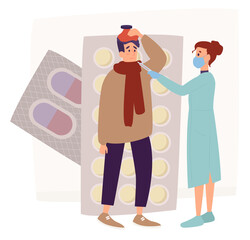 Character of female doctor giving a patient a medical thermometer to measure the temperature to diagnose the flu and headache. A huge pills blister on background. Flat vector illustration.