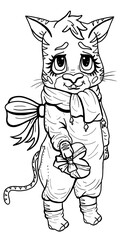 Cute cartoon character in full growth, adorable baby tiger with big eyes and nose, with fluffy eyelashes and pointed ears, in overalls and socks, with scarf and bow-knot, with a gift heart in a paw.