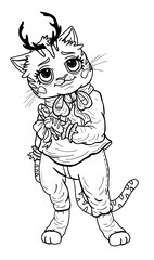 Cartoon character, cute tiger with big eyes, small horns and ears, with fluffy eyelashes, plump cheeks and smile, in a shirt and trousers, with a large bow-knot on his neck and a candy in his paw.