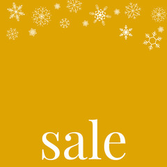 Angebot / Sale / Rabatte. Weißer Text und weiße Schneeflocken auf senf gelbem Hintergund. Viel Platz für Text