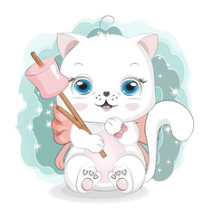 white cat with marshmallows on stick