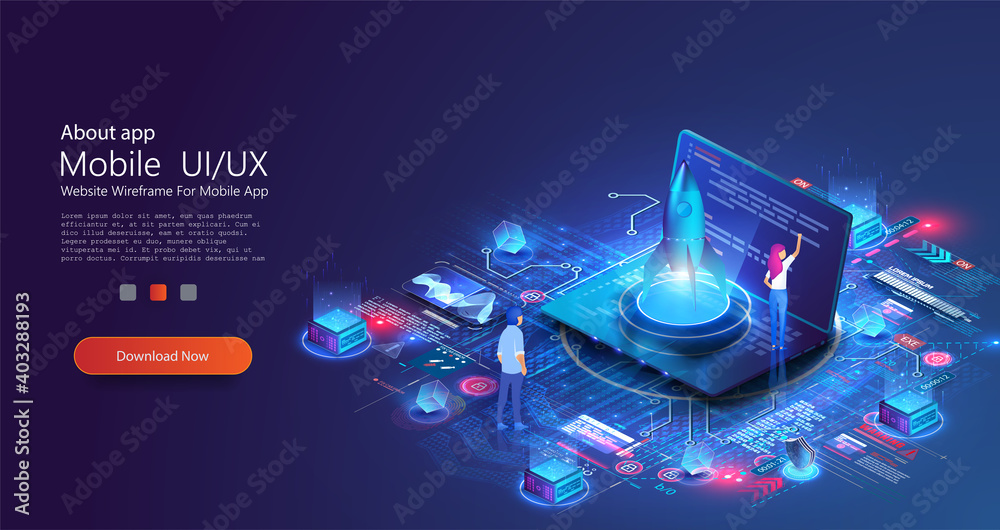 Aufkleber Rocket launch start up creative idea and computer digital diagrams. Innovation, success creative solution concept. Landing page template. People presentation new business project start up on laptop