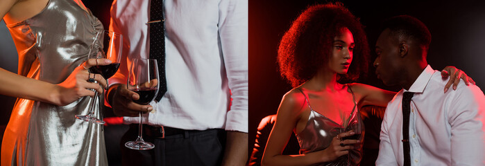 collage of curly african american woman and man holding glasses of red wine on black