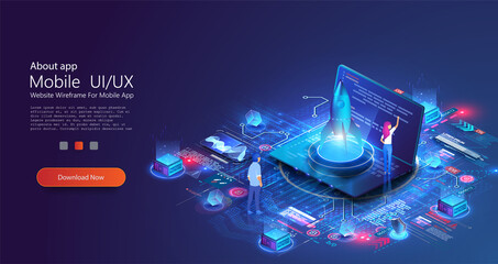 Rocket launch start up creative idea and computer digital diagrams. Innovation, success creative solution concept. Landing page template. People presentation new business project start up on laptop