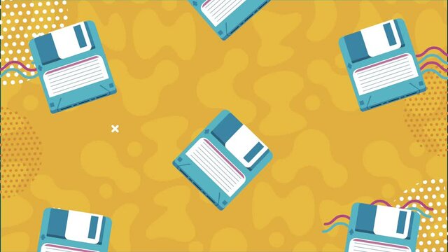 floppy disks in memphis retro style background