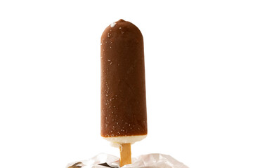 Close up view of ice cream in chocolate glaze on white background.