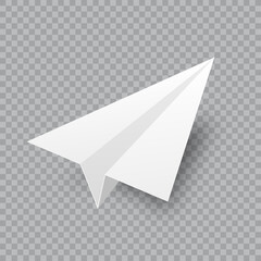 Realistic handmade paper plane on transparent background. Origami aircraft in flat style. Vector illustration.