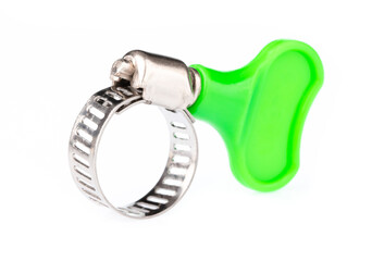 Metal band hose clamp isolated on a white background.