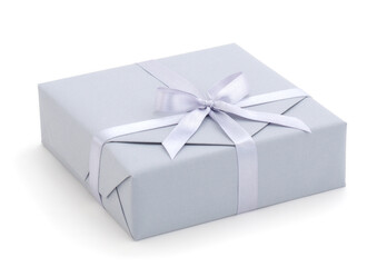 Gray gift box with gray ribbon.