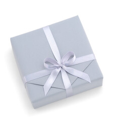 Gray gift box with gray ribbon.
