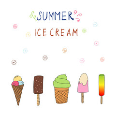 Hand drawn Ice cream food isolated on white background. Ice cream set Vector illustration in doodle style. Freehand drawing