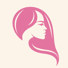 Beauty salon, hair studio illustration.Long, wavy hairstyle woman with elegant makeup.Cosmetics and spa icon isolated on light fund.Young lady portrait.Beautiful model face.Luxury,glamour style.