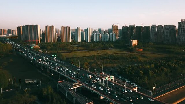 4K Sunset Car Traffic in Binjang District in Hangzhou, China