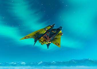alien space ship is passing by on ice planet side view