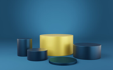 5 empty yellow and blue cylinder podium on blue background. Abstract minimal studio 3d geometric shape object. Mockup space for display of product design. 3d rendering.
