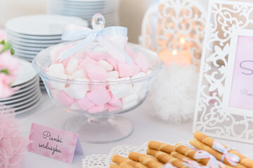 Obraz na płótnie Canvas White and pink marshmallows on a pastel sweet table