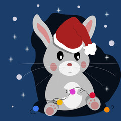 Santa Bunny playing with christmas lights