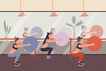 Fitness people at sports training vector illustration. Cartoon sportive woman group of characters in sportswear squat, doing ball exercises in modern studio gym interior, young lady workout background