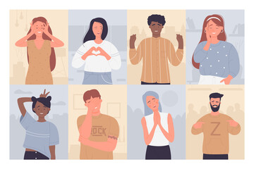 Fun people vector illustration set. Cartoon happy man woman characters smiling, gesturing with fingers hands, positive persons touching face or pointing, creative portraits background collection