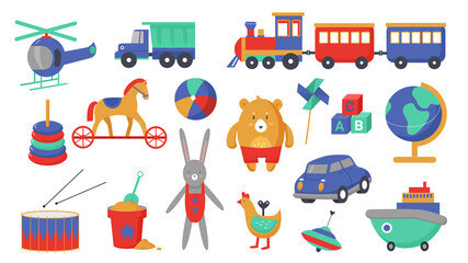 Kids toys vector illustration set. Cartoon children activity, education game collection with cute plastic toy transport to play with small boys and girls, funny playing objects isolated on white