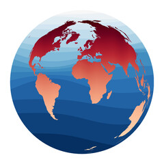 World Map Vector. Lambert azimuthal equal-area projection. World in red orange gradient on deep blue ocean waves. Authentic vector illustration.