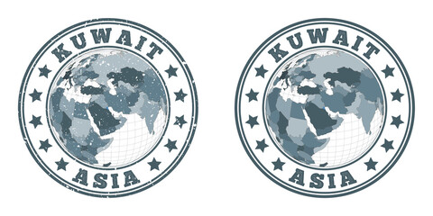 Kuwait round logos. Circular badges of country with map of Kuwait in world context. Plain and textured country stamps. Vector illustration.