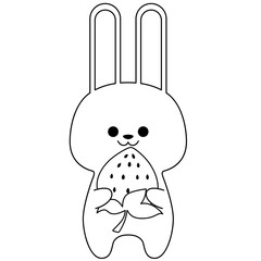 Black line art rabbit hugging strawberry. Flat design for poster or t-shirt. Vector illustration