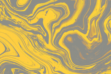Fluid art texture. Abstract backdrop with iridescent paint effect. Liquid acrylic picture with flows and splashes. Mixed paints for baner or wallpaper. Trendy colors - gray and yellow.
