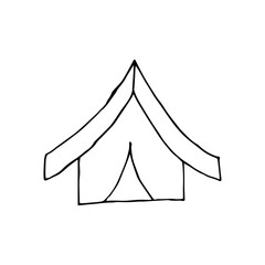 Fototapeta premium Doodle tent. hand drawn of a tent isolated on a white background. Vector illustration sticker, icon, design element