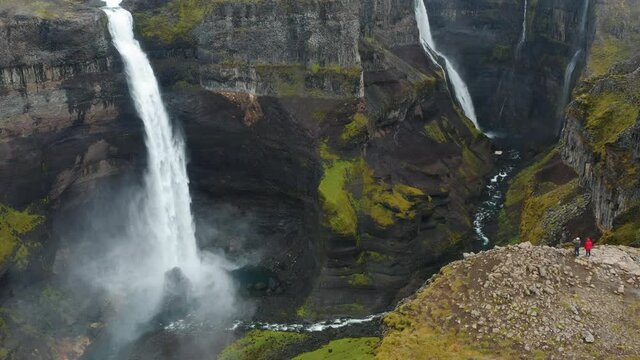 Haifoss waterfall in Iceland, Aerial view. Natural wonder Landmannalaugar canyon.