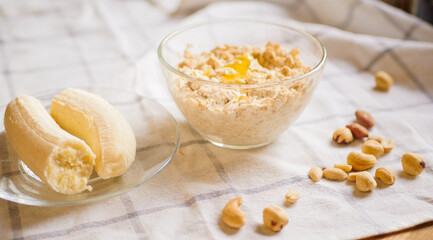 Overnight oatmeal. Home cooking breakfast. Healthy food. Fresh banana. 