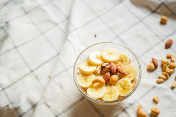 Top view oatmeal porridge on the table. Copy space. Healthy Home breakfast. Overnight oats 