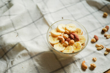 Top view oatmeal porridge on the table. Copy space. Healthy Home breakfast. Overnight oats 