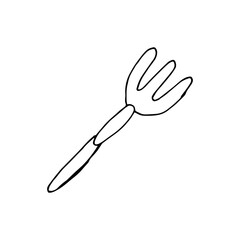 Doodle small rake. hand drawn of a small rake isolated on a white background. Vector illustration sticker, icon, design element