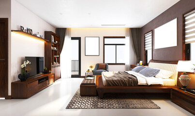 3d render of luxury hotel bedroom, home interior