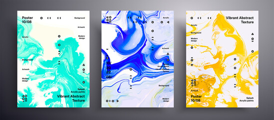 Abstract acrylic banner, fluid art vector texture collection. Trendy background that applicable for design cover, invitation, flyer and etc. Yellow, blue and mint unusual creative surface template