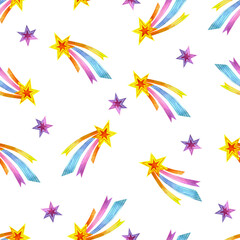 Fototapeta na wymiar Cute childish pattern with stars on a white background. Bright seamless pattern with watercolor stars. For wrapping paper, wallpaper, textiles and more.